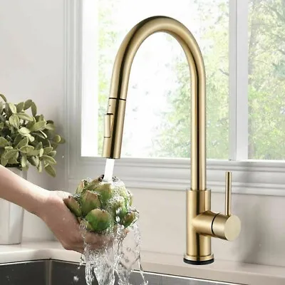 Brushed Gold Kitchen Sink Faucet Pull Down Sprayer Single Handle Mixer Tap • $29.69