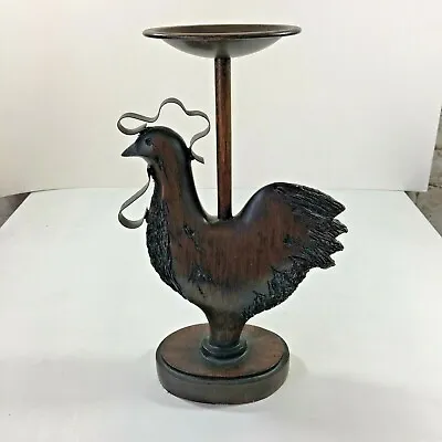 Wooden Metal Chicken Candle Holder Statue Dark Solid Wood Decorative Folk Art • $22.80