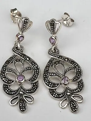 925 Sterling Silver Marcasite Amethyst Drop Dangle Earrings Length 3.8cm • £19