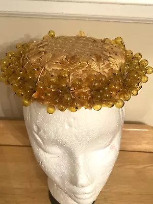 Vintage Gold Pill Box Hat With Velvet Leaves & Balls Union Made USA • $9.95