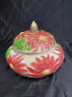 Vtg Christmas Handmade Ceramic Poinsettia Cookie Jar & Lid Rare • $19.99