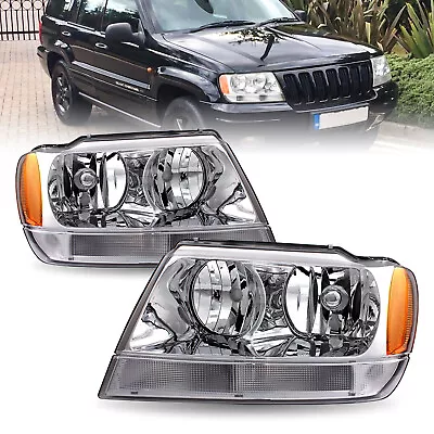 For 1999-2004 Jeep Grand Cherokee Chrome Headlights Amber Corner Headlamps Pair • $59.99