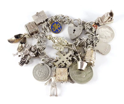 £5.50 • Buy VINTAGE SILVER CHARM BRACELET - 20+ CHARMS - CAMERA, CHEESE, CLOGS, WAGON - 52g