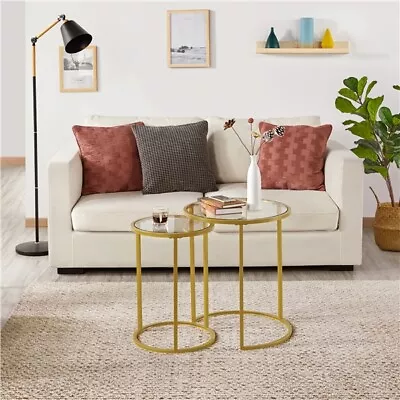 Round Nesting End Table Set Of 2 Sofa Side Table With Metal Frame And Glass Top • $53.19