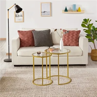 Set Of 2 Round Nesting Side/End Table W/ Metal Frame & Glass Top For Living Room • $55.59
