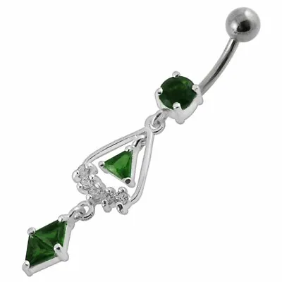 Sterling Silver Chandelier Belly Bar Green Crystal Dangle Navel Ring • £10.95