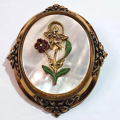 Vtg Mother Of Pearl Gold Tone Art Nouveau Metal Enamel Floral Design Brooch Pin • $39.99