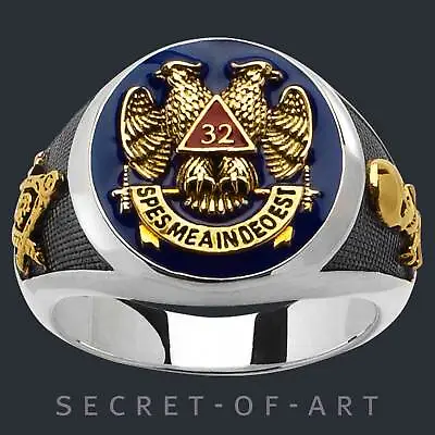 Masonic Ring Freemason AASR Silver 925 Scottish Rite 32rd Degree 24K-Gold-Plated • $189.99