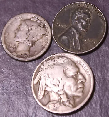 Junk Lot Three Coins Mercury Dime Lincoln Wheat Cent Buffalo Nickel......Y1762 • $4.99