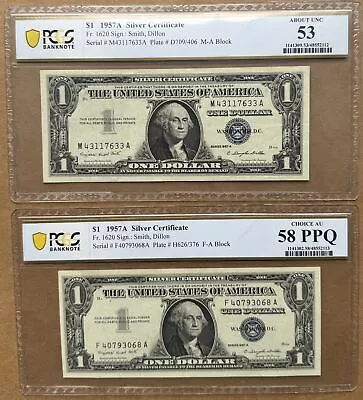 2 Piece Lot 1957a $1 Silver Certificates Pcgs 53 & 58ppq Fr# 1620 Smith Dillon • $6.50