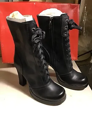 WOMENS Bongo LET IT BE PU Boots Black Sz: 8M 4  In Excellent Condition Tie & Zip • $40