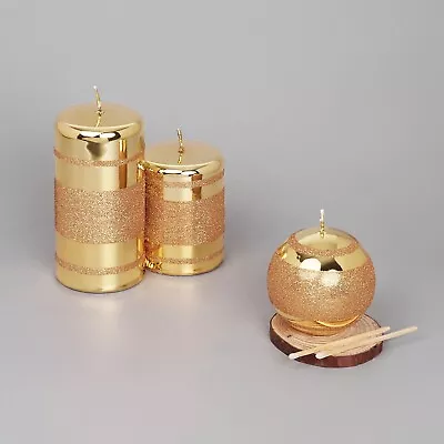 G Decor Gold Gloss Glass Effect Striped Glitter Pillar Ball Candles • £11.99