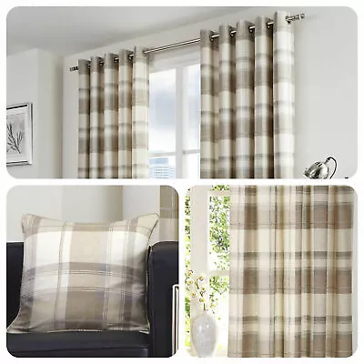 100% Cotton Country Balmoral Check Natural Lined Eyelet Curtains OR Cushions • £10.99