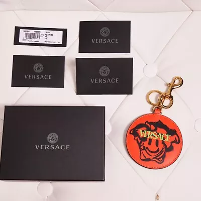 NEW $295 VERSACE Orange SMILEY MEDUSA GRAFFITI Leather BAG CHARM KEY RING CHAIN • $195