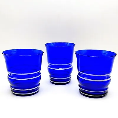 Morgantown Arena Tumblers 4 Oz To 5 Oz Cobalt Blue White Rings Set Of 3 • $36