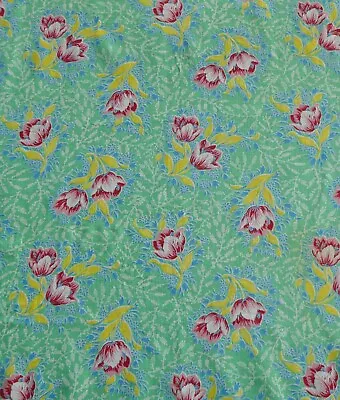 Vintage Feed Sack Cotton Fabric Green W Pink Yellow & Blue Flowers • $16.50