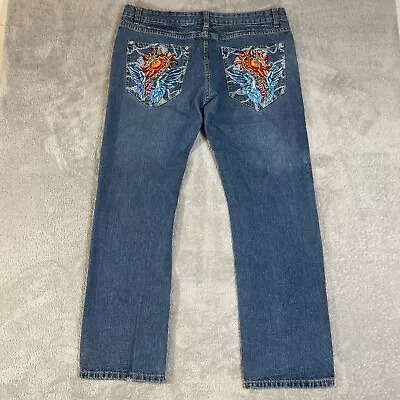 Vintage Ed Hardy Jeans Mens 38x32 Blue Denim Embroidered Snake Y2K Skater • $59.95