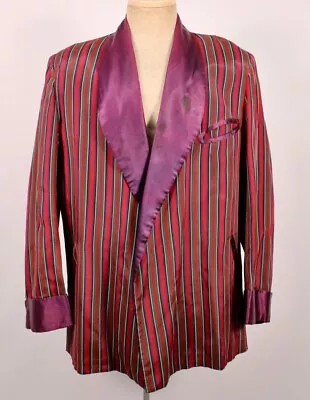 VTG Men's 50s Red Green & Blue Striped Rayon Smoking Jacket Sz M 1950s • $99