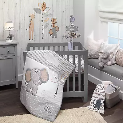 Jungle Safari Elephant 3-Piece Mini Crib Bedding Set - Gray/White • $186.38