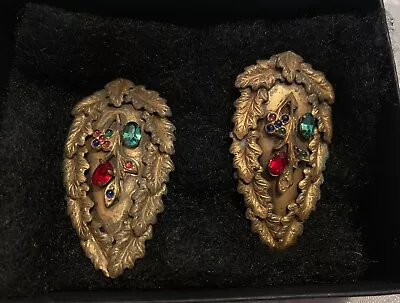Pair Of Vintage Victorian Multicolor Rhinestones Shoe Clips Gold Tone ~ As Is • $12.50