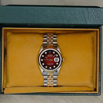 Mens Rolex Datejust  16233 18k Yellow Gold Steel Red Diamond Dial 36mm Watch • $6995