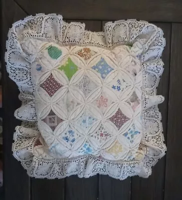 Vintage Handmade Quilted Patchwork Lace Trim Square Pillow White Shabby Chic • $49.98