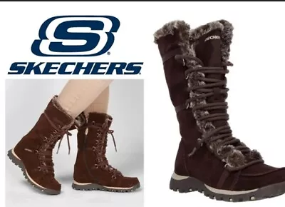 Skechers Grand Jams Womens Boots Brown Lace Up Faux Fur Leather Size 8.5  48743 • $19.99