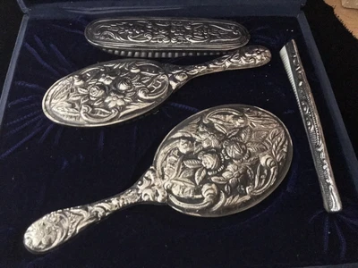 £90 • Buy Old Ornate Vintage Antique Silver Vanity Dressing Table Set With Box Marked 900
