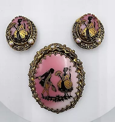 Vintage West Germany Set Shades Of Pink Victorian Couple Brooch Clip-on Earrings • $89