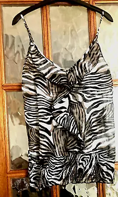 VGC Ladies INTERNACIONALE Sheer BLACK & BROWN TIGER STRIPE RUFFLE STRAPPY TOP 14 • £2