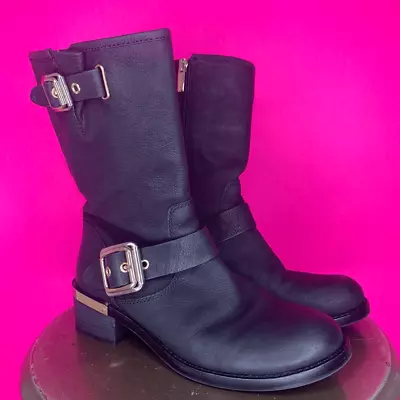 Vince Camuto Windy Black Leather Gold Double Buckle Mid Calf Moto Boot Size 6M 3 • $38.97