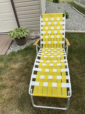 Vtg Wood/Aluminum Webbed Folding Reclining Lawn Chaise Lounge Chair Yellow Strap • $69.99