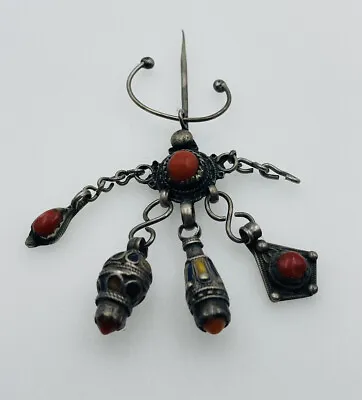 Berber Kabyle Antique Sterling Silver & Enamel Red Coral Unusual Dangle Pin • $150