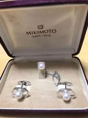 Mikimoto White Pearl Motif Cuffs Cufflinks & Tiepin Set Men's Accessory W/Case • $135