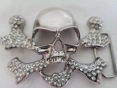 Large Silver Tone Metal Skull Cross Bones Rhinestones 4  Belt Buckle • $5