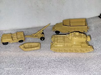 Vintage Marx Battleground Desert Fox Playset Tan Tank Halftrack Raft Jeep & Gun • $52.99