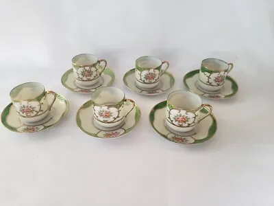 Vintage Ardalt Occupied Japan Demitasse Tea Cups & Saucers Green Pink SET Of 6 • $100