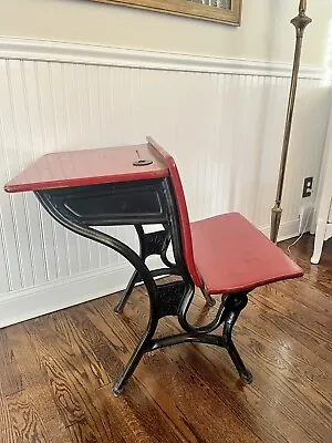 Antique Red Cast Iron & Wood Children’s School Desk With Ink Well Circa 1900 • $49.99