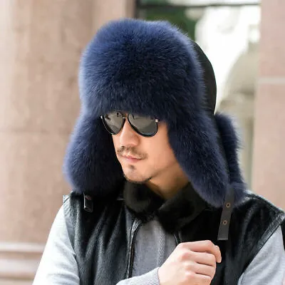 Mens Real Fox Fur Hat Russian Aviator Hat Warm Real Sheep Leather Trapper Cap  • $35.71