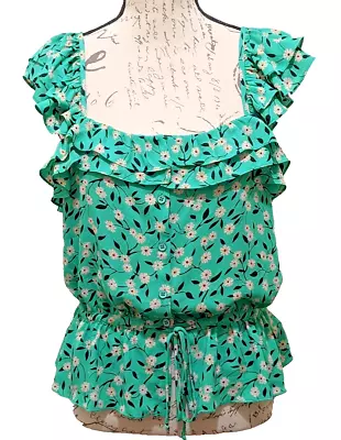 Cabi Blouse  S Green Print Bohemian Ruffles Drawstring Waist Tie Bow Button Up • $15
