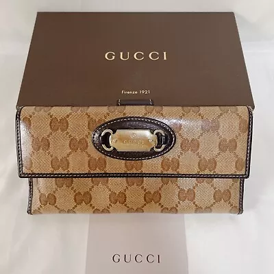 Authentic Gucci Crystal Canvas Long Wallet Purse Gold Plated Brown Beige #5463P • $221.28