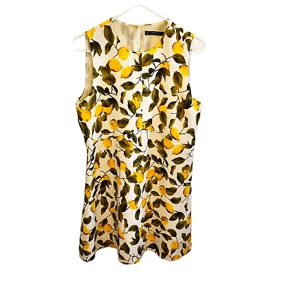 Zara Womens M Lemon Fruit Print Fit N Flare Dress White Textured Sleeveless • $19.99