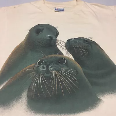 Vintage Sea Lions Marco Island Florida Large Off White T-Shirt Ocean Beach Seals • $25.49