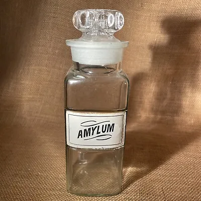 Antique Apothecary Glass Bottle With Stopper & Reverse Glass Label Amylum 8.25  • $45