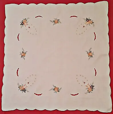 Vintage Christmas Decoration Candle Cut Embroidery White Cotton Squaretablecloth • $16