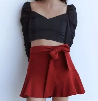 NWT Zara Red Ruffle Mini Skort Skirt With Shorts Size Medium Belted Nice! • $33.99