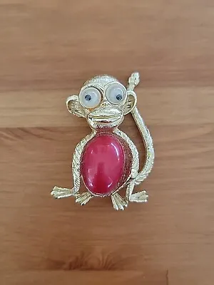 Vintage Monkey Red Jelly Belly Wiggle Eyes Gold Tone Brooch Pin • $15.50