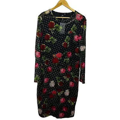 Shein X Frida Kahlo Dress Size 3XL Plus Size Roses Polka Dot Black Pinup Bodycon • $36.95