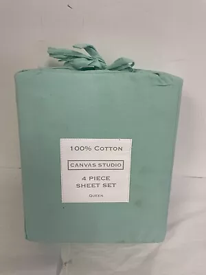 CANVAS STUDIO 100% Cotton Mint 4 Piece Sheet Set Size QUEEN *NEW* Flat & Fitted • $18