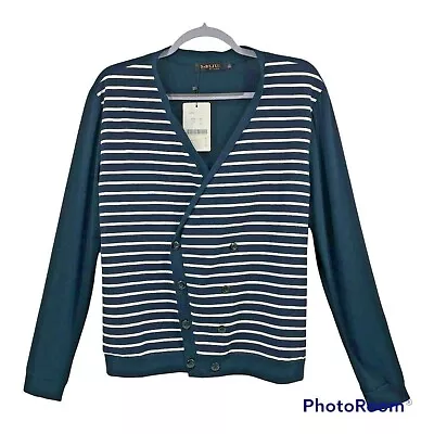 DaBLJU Navy Blue Cardigan Womens Sz L Button Up Long Sleeves White Striped NWT • $22.50